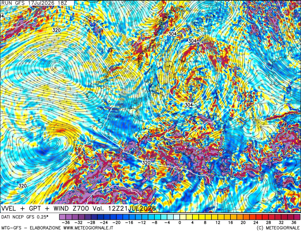 mappa 700 hPa Velocità verticiali + GPT + Vento