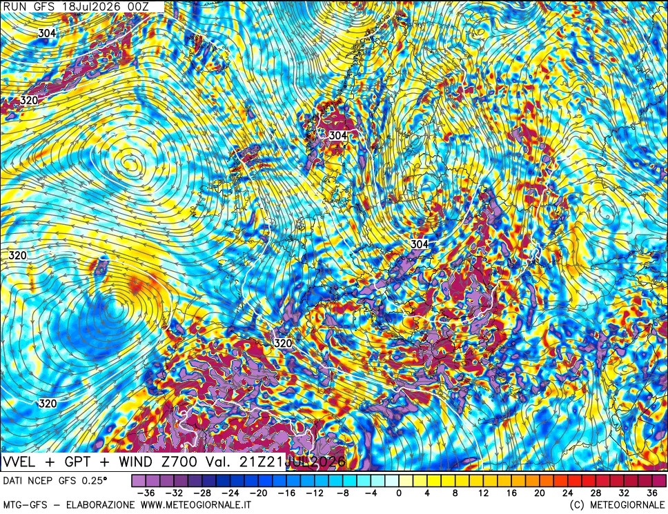 mappa 700 hPa Velocità verticiali + GPT + Vento