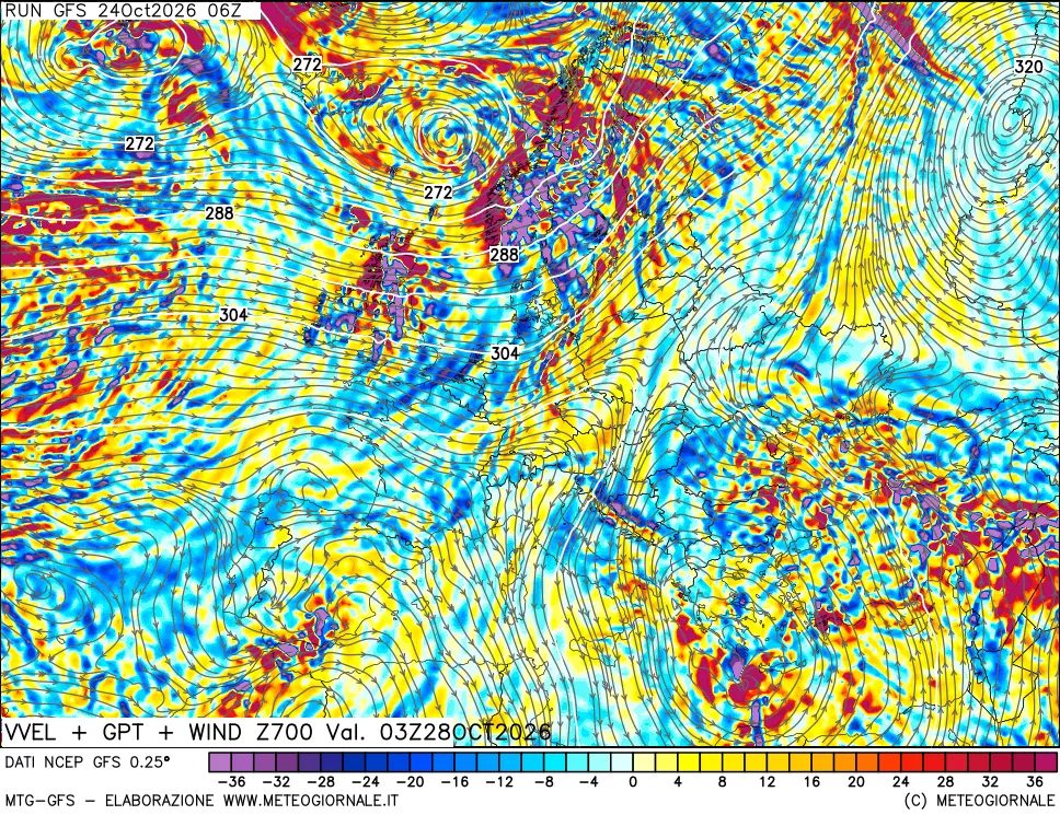 mappa 700 hPa Velocità verticiali + GPT + Vento