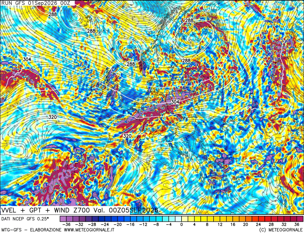 mappa 700 hPa Velocità verticiali + GPT + Vento