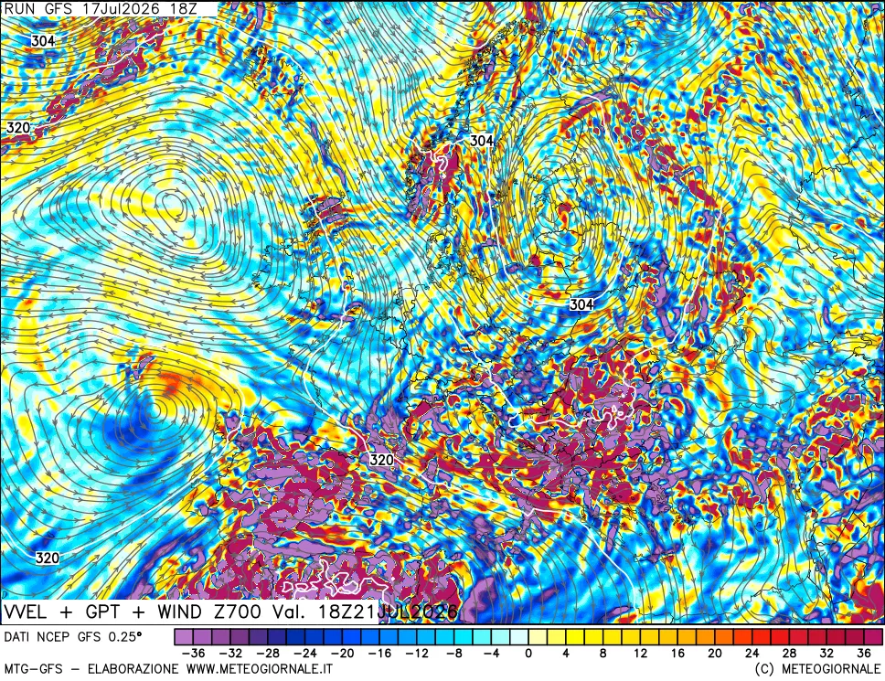 mappa 700 hPa Velocità verticiali + GPT + Vento