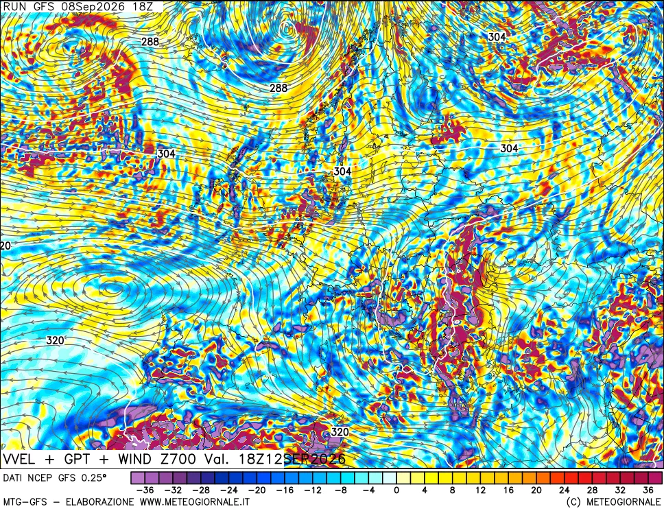 mappa 700 hPa Velocità verticiali + GPT + Vento