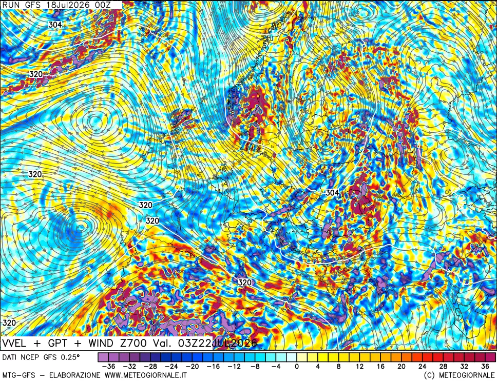 mappa 700 hPa Velocità verticiali + GPT + Vento