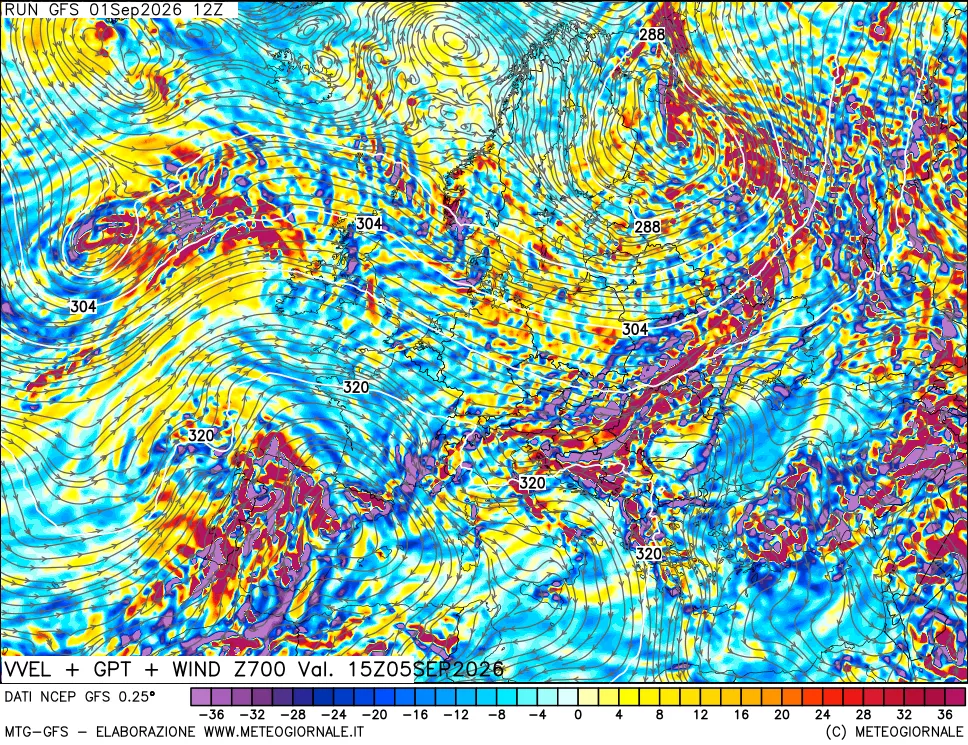 mappa 700 hPa Velocità verticiali + GPT + Vento
