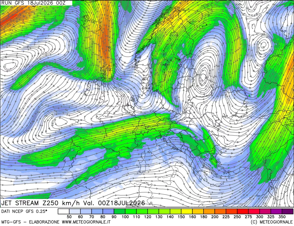 mappa 250 hPa Jet stream