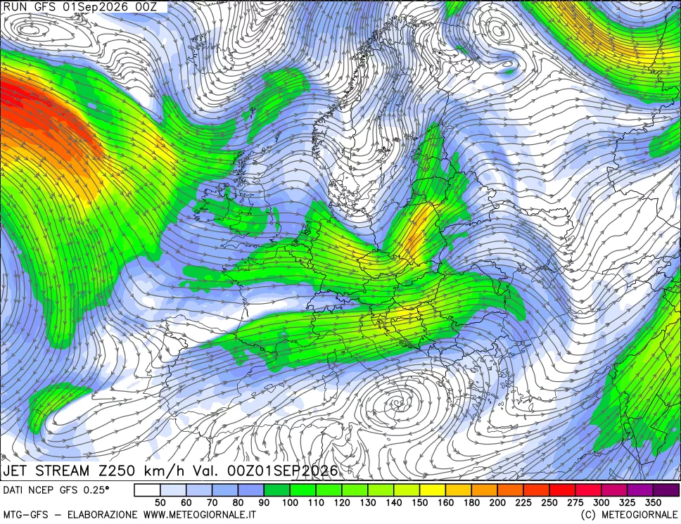 mappa 250 hPa Jet stream