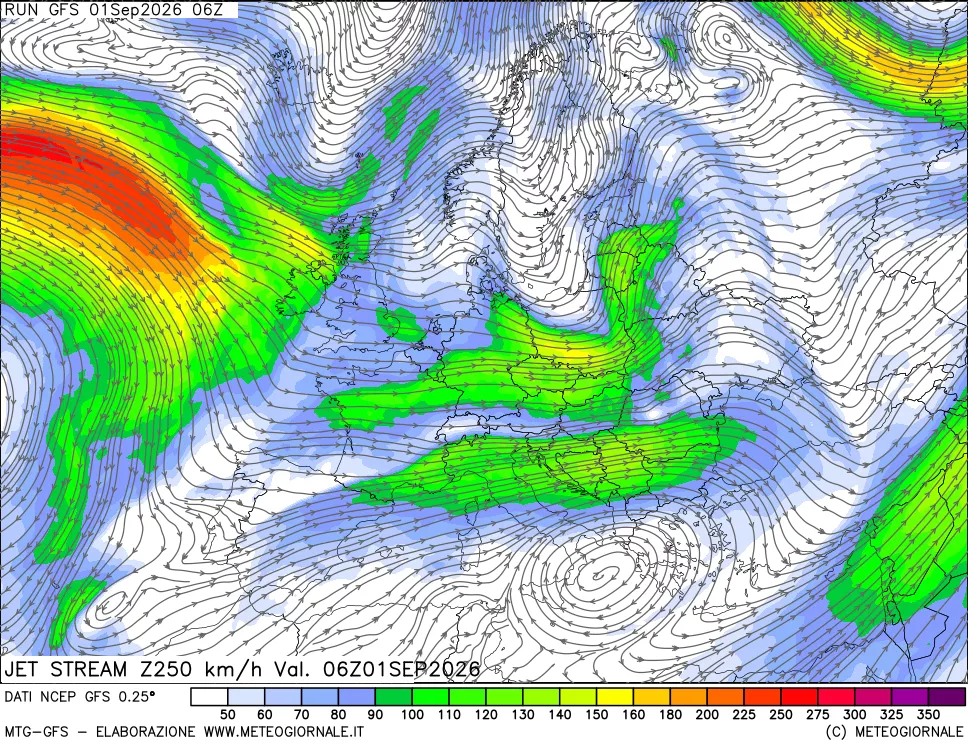 mappa 250 hPa Jet stream