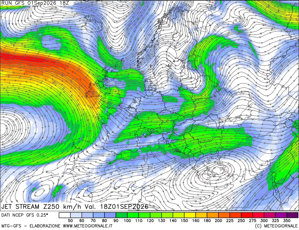 mappa 250 hPa Jet stream