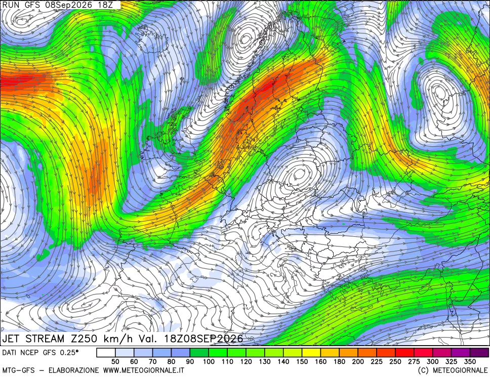 mappa 250 hPa Jet stream