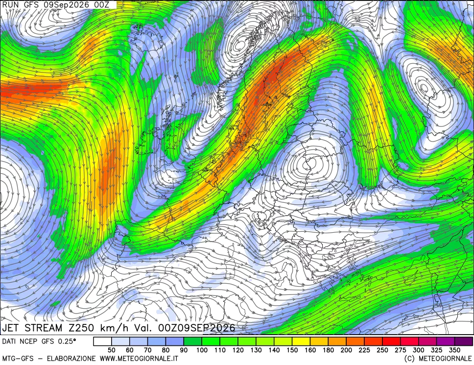 mappa 250 hPa Jet stream