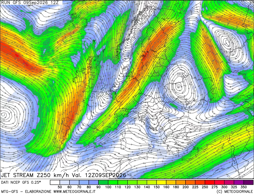 mappa 250 hPa Jet stream