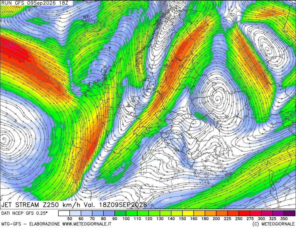 mappa 250 hPa Jet stream