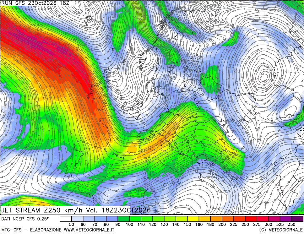 mappa 250 hPa Jet stream
