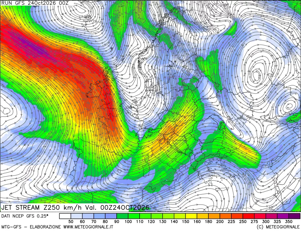 mappa 250 hPa Jet stream