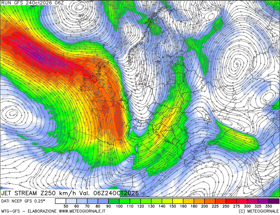 mappa 250 hPa Jet stream