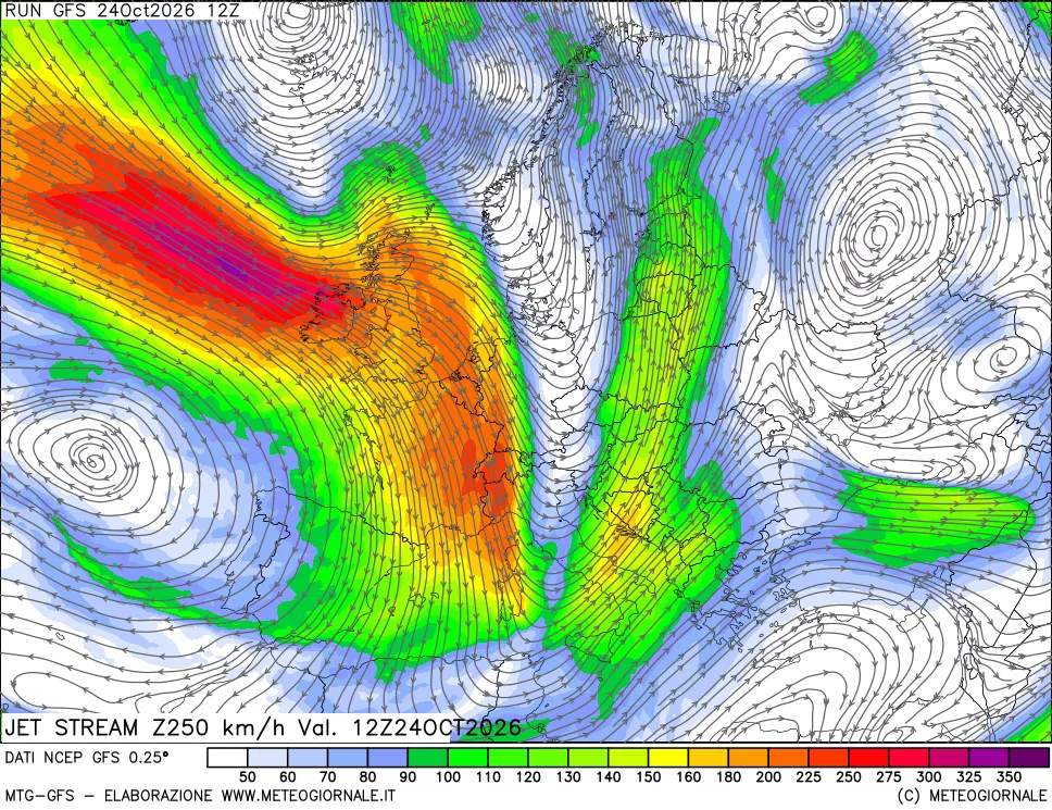 mappa 250 hPa Jet stream