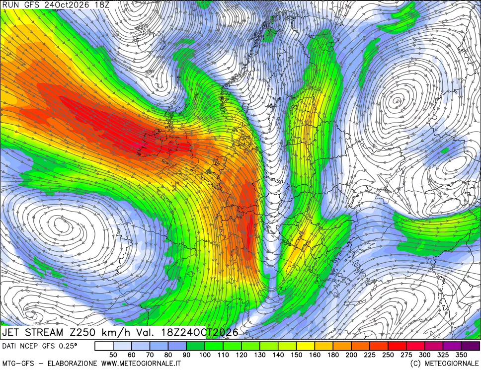 mappa 250 hPa Jet stream