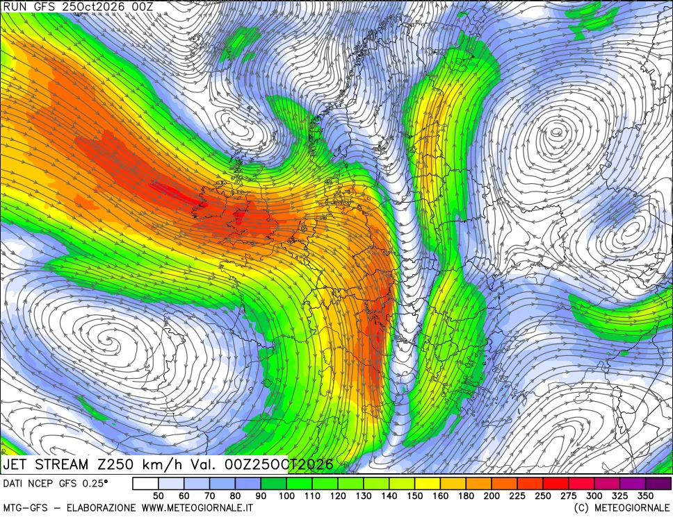 mappa 250 hPa Jet stream