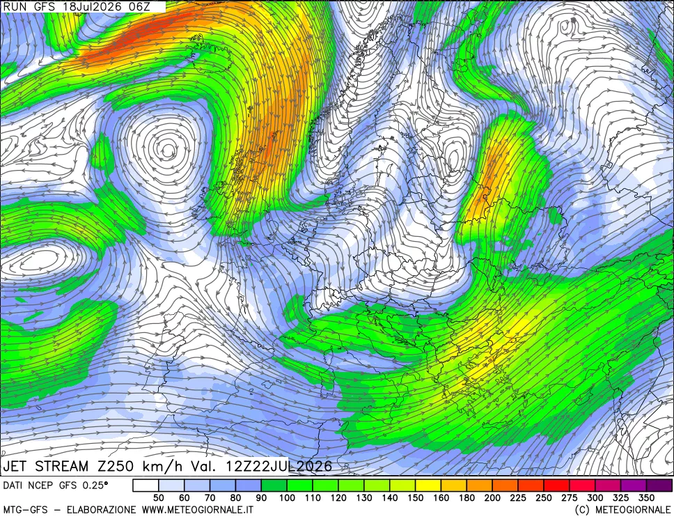 mappa 250 hPa Jet stream