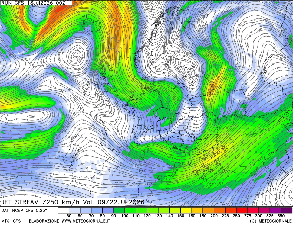 mappa 250 hPa Jet stream
