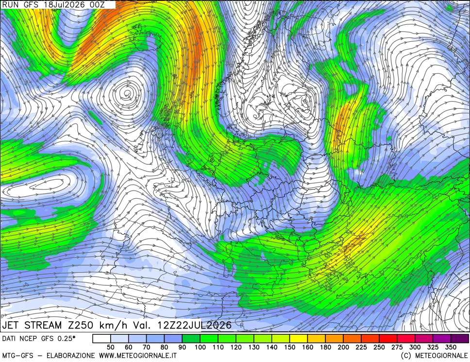 mappa 250 hPa Jet stream