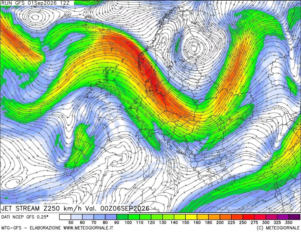 mappa 250 hPa Jet stream