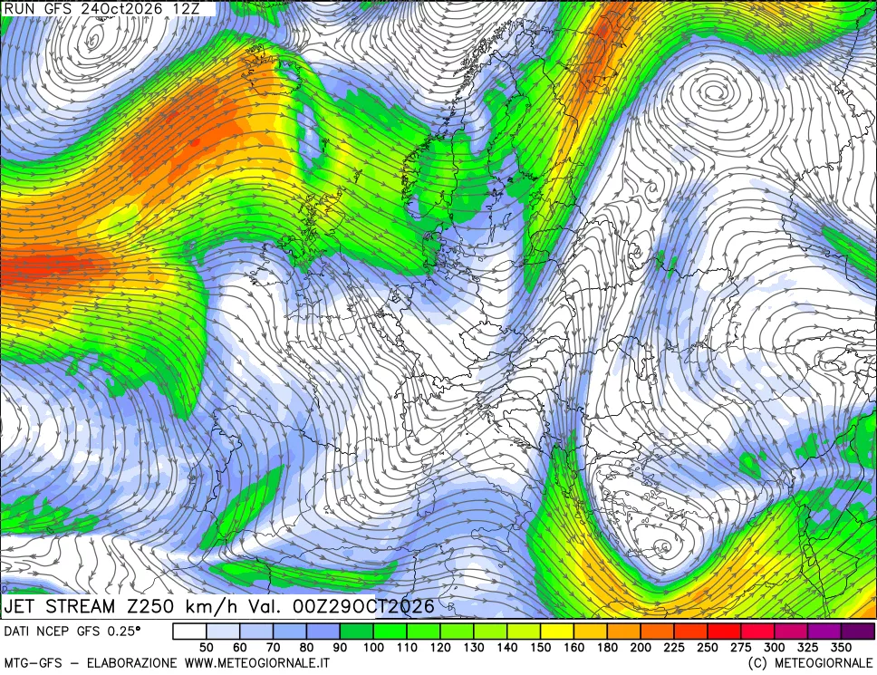 mappa 250 hPa Jet stream