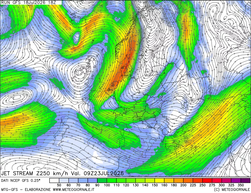 mappa 250 hPa Jet stream