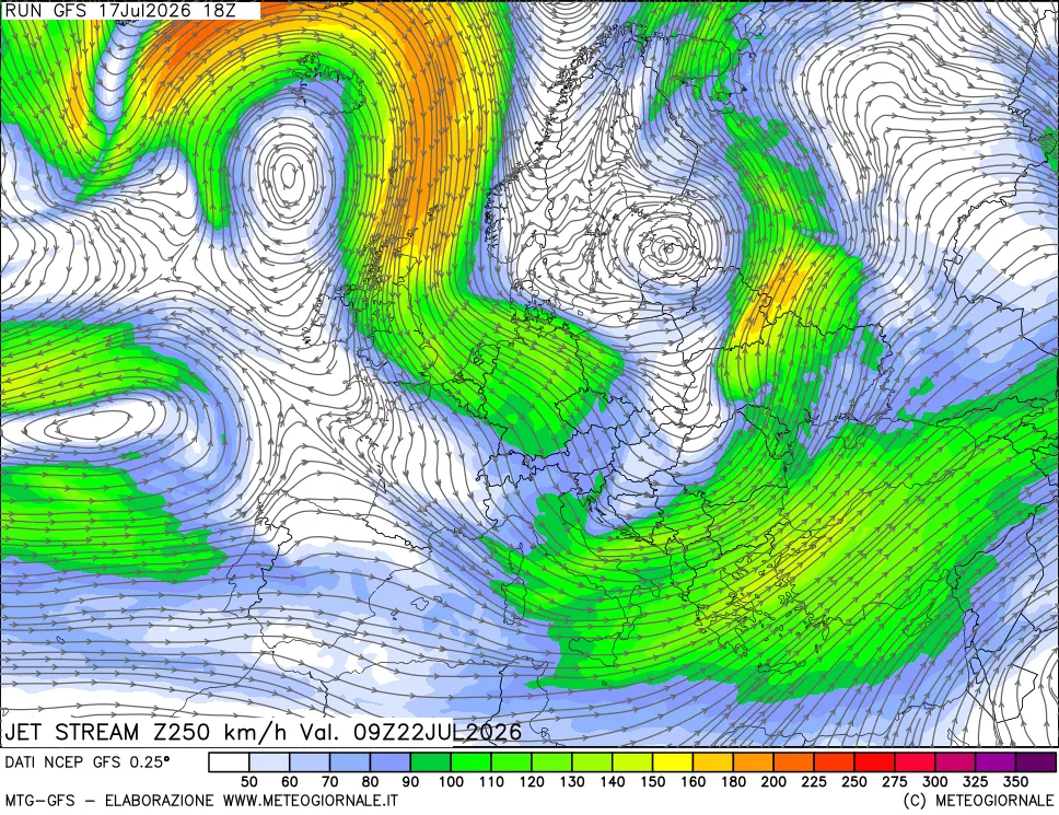 mappa 250 hPa Jet stream
