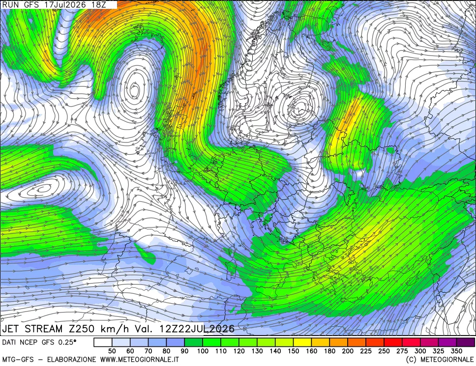 mappa 250 hPa Jet stream