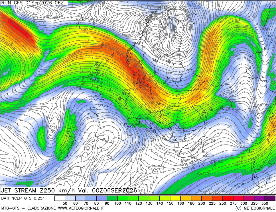 mappa 250 hPa Jet stream