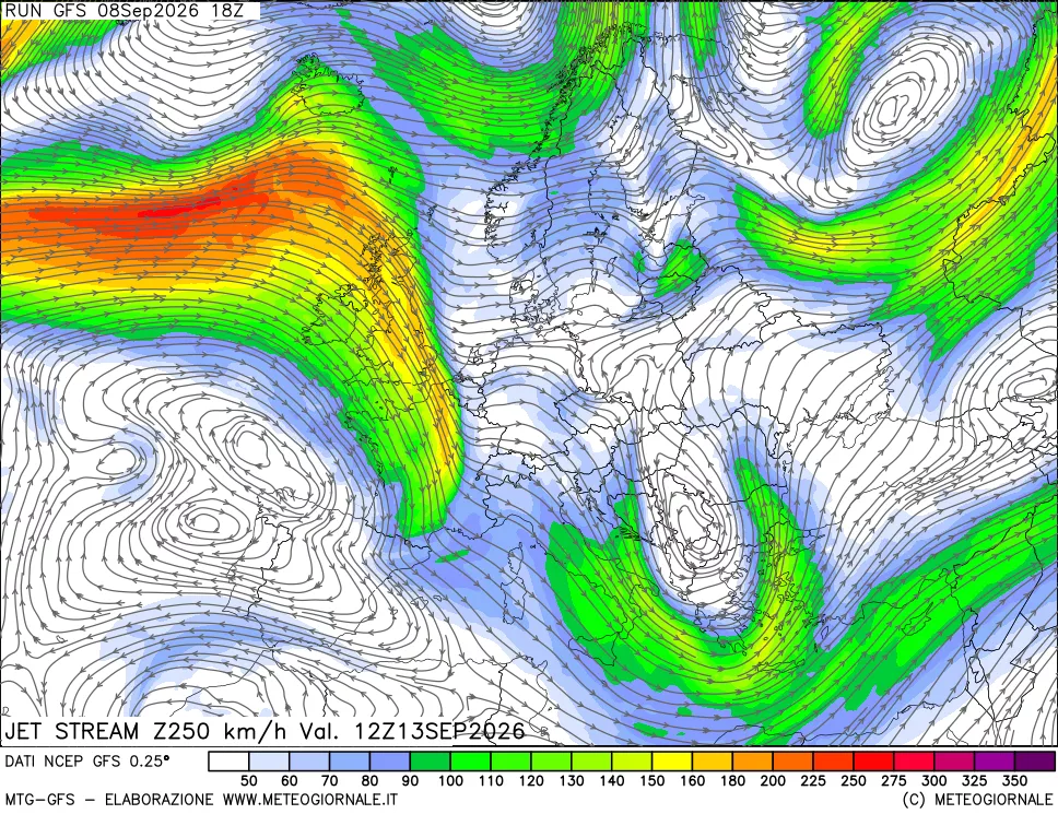 mappa 250 hPa Jet stream