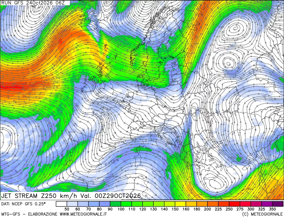 mappa 250 hPa Jet stream