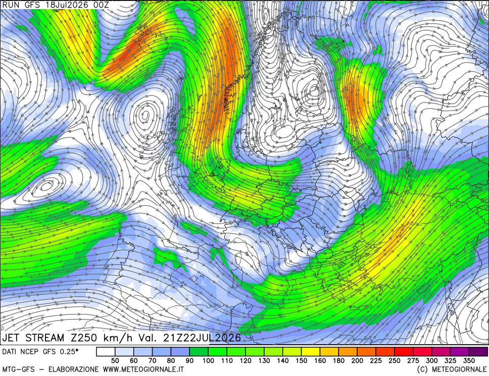mappa 250 hPa Jet stream