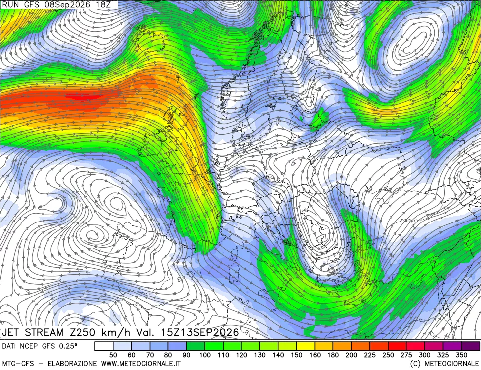 mappa 250 hPa Jet stream