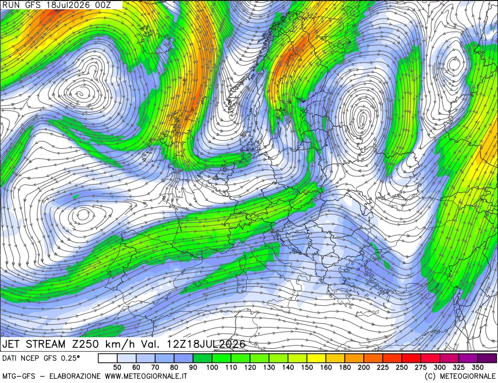 mappa 250 hPa Jet stream