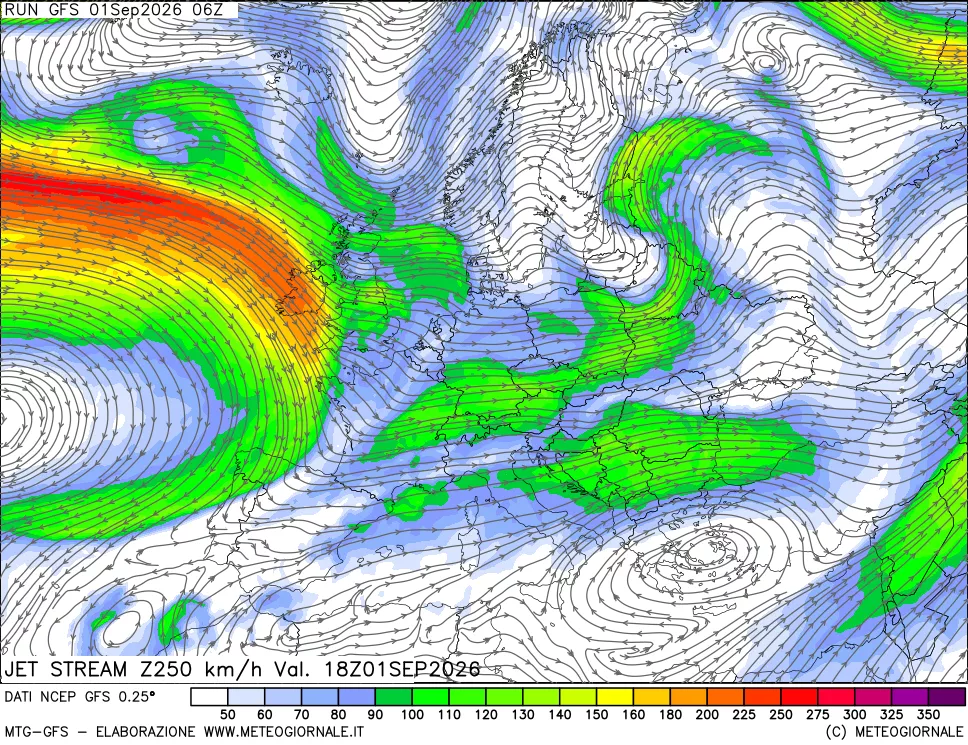 mappa 250 hPa Jet stream