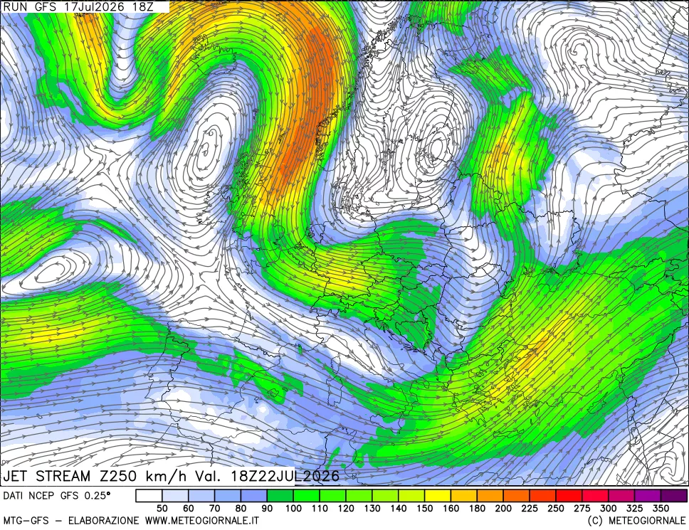 mappa 250 hPa Jet stream