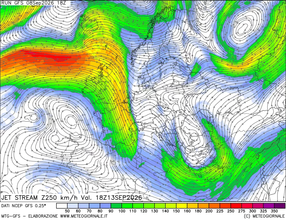 mappa 250 hPa Jet stream