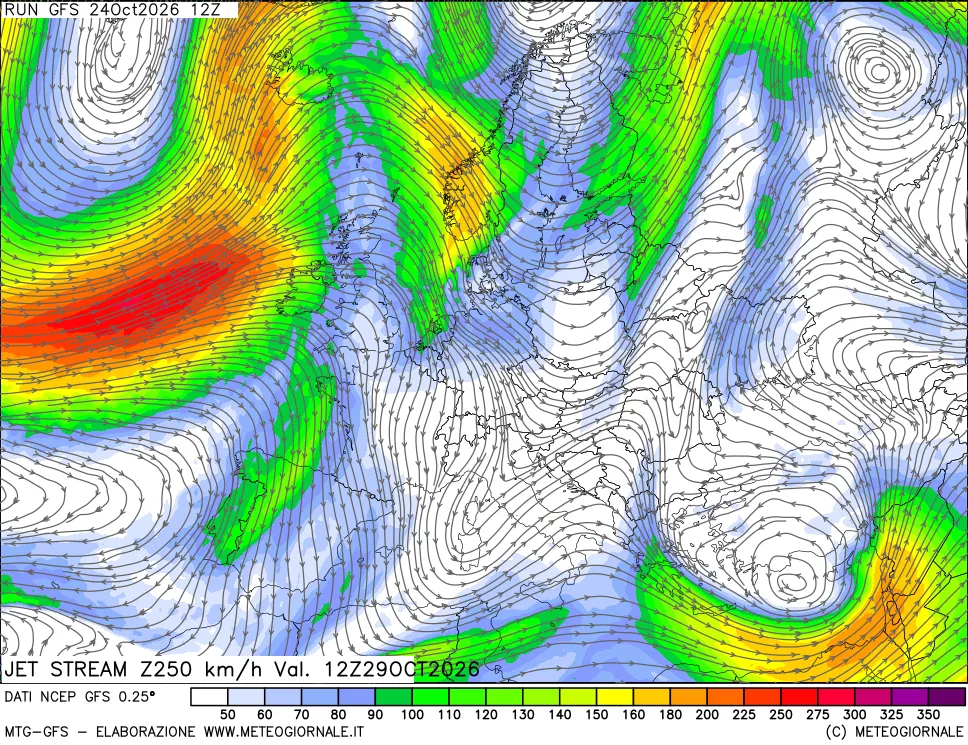 mappa 250 hPa Jet stream