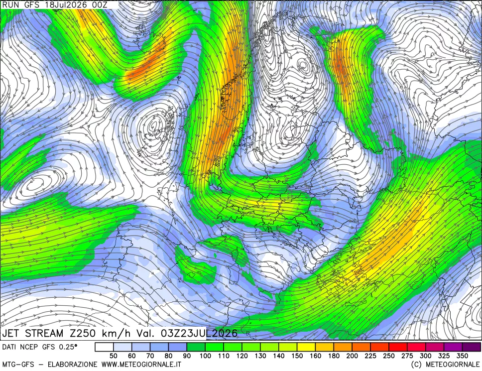 mappa 250 hPa Jet stream