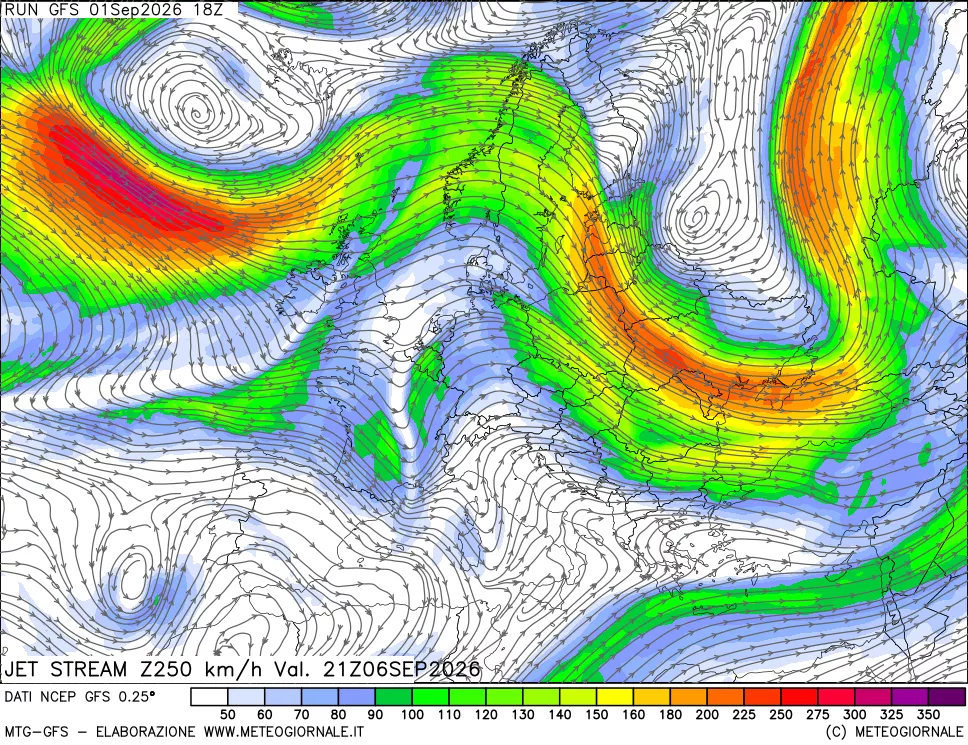 mappa 250 hPa Jet stream