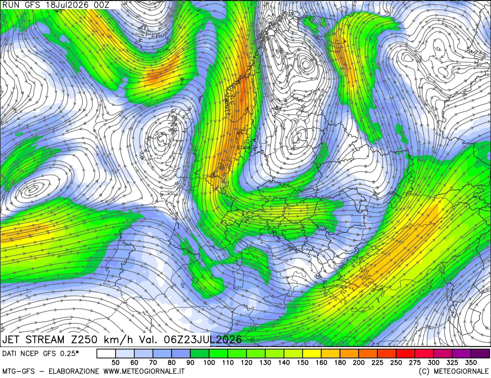 mappa 250 hPa Jet stream