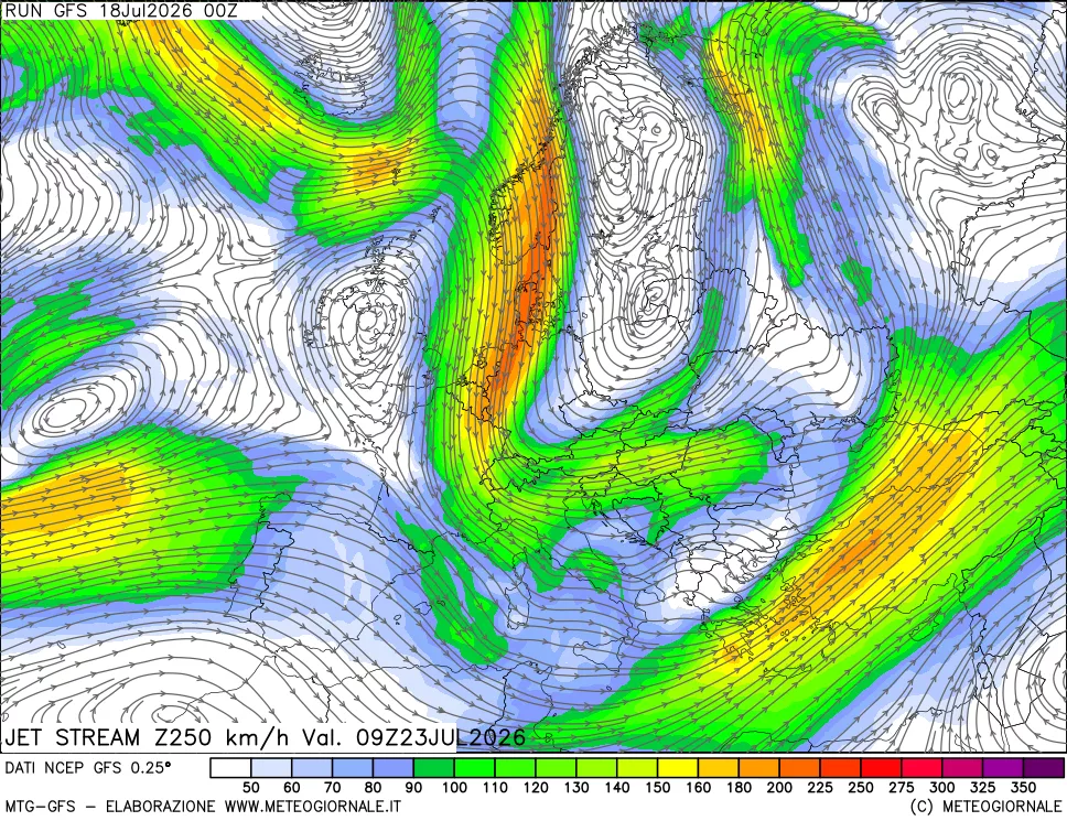 mappa 250 hPa Jet stream