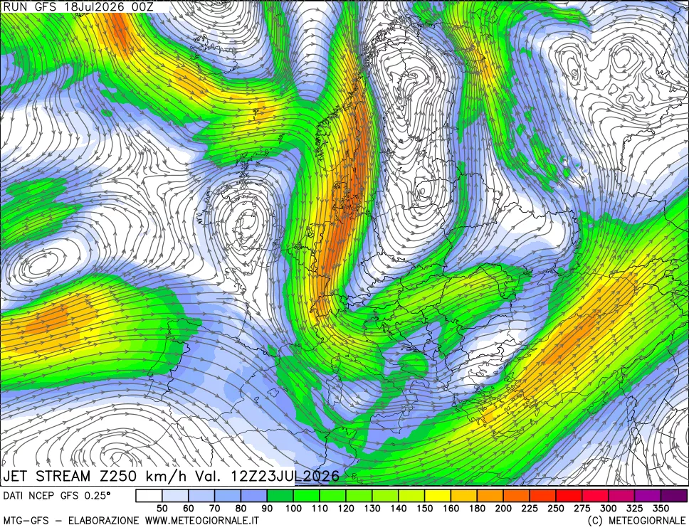 mappa 250 hPa Jet stream