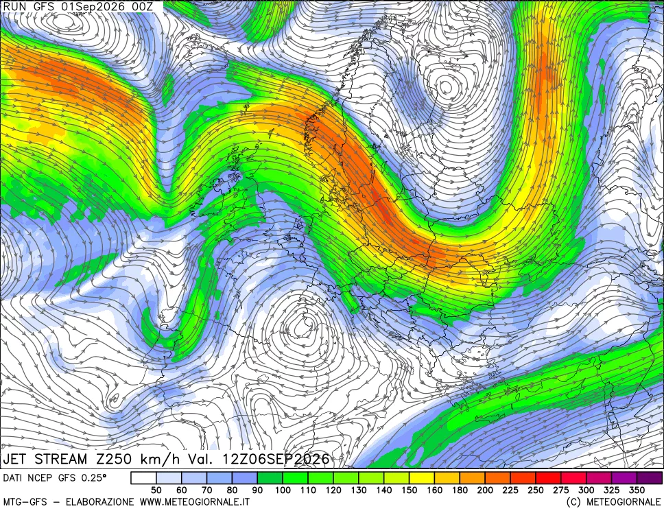 mappa 250 hPa Jet stream