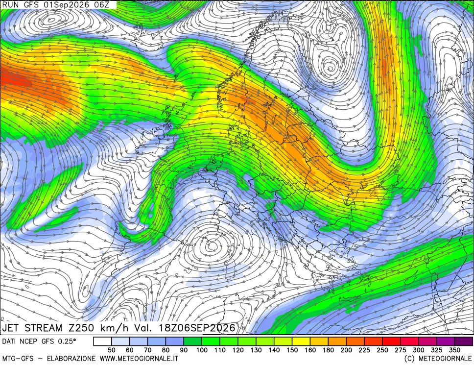 mappa 250 hPa Jet stream