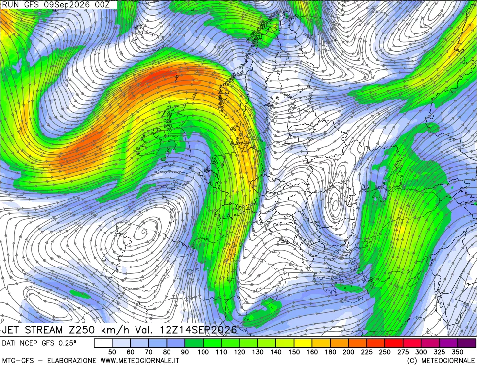 mappa 250 hPa Jet stream