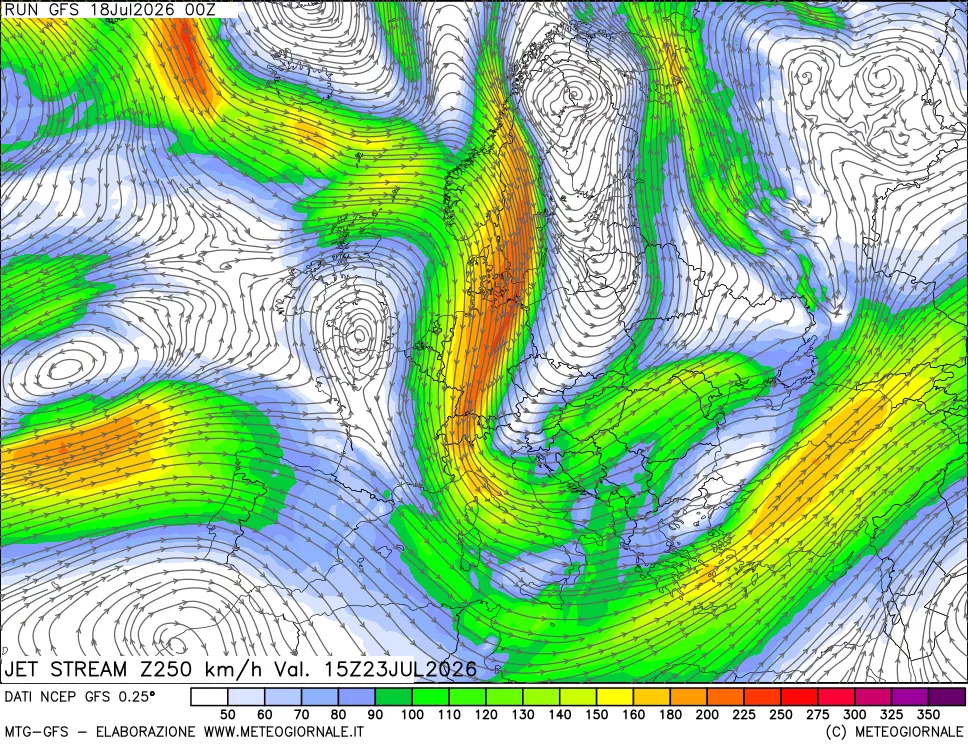 mappa 250 hPa Jet stream