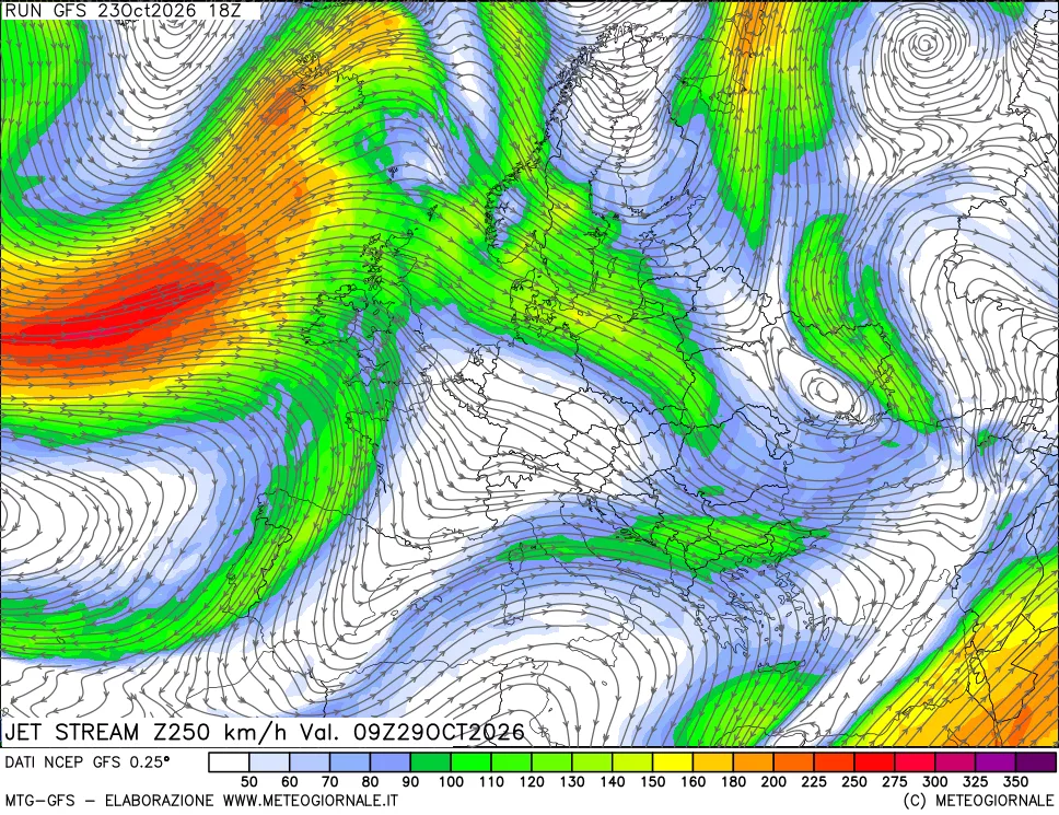 mappa 250 hPa Jet stream